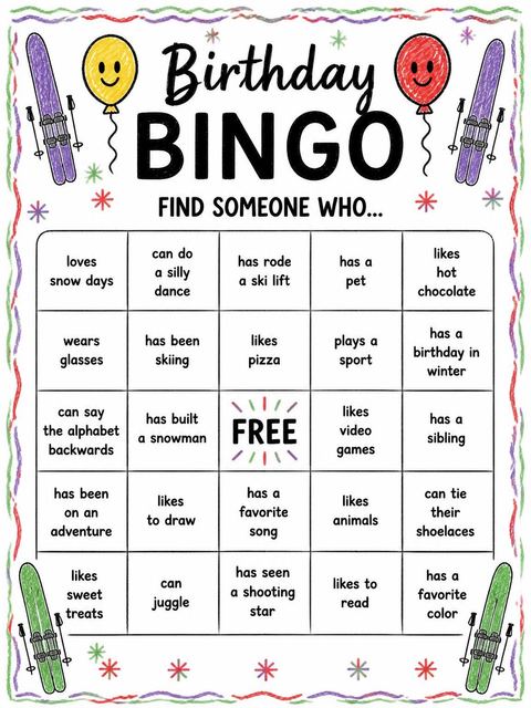 Bingo grid in the Crayon Ski Winter 8th Birthday Invitation design