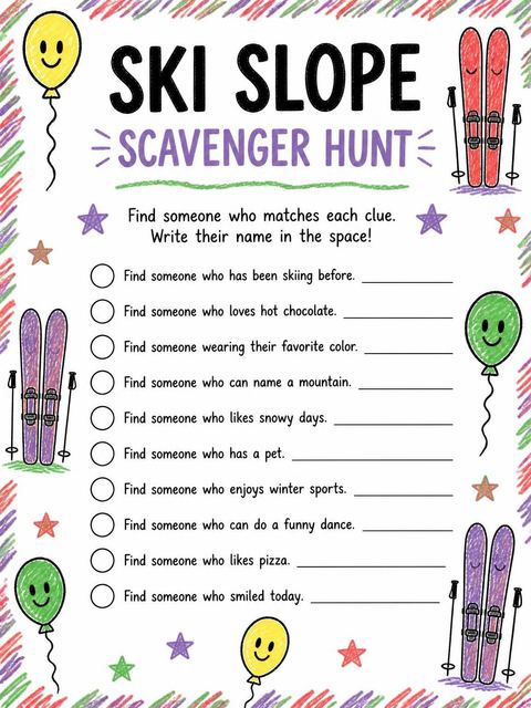 Scavenger hunt in the Crayon Ski Winter 8th Birthday Invitation design
