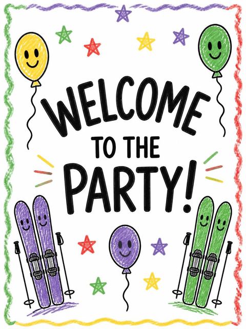 Welcome sign in the Crayon Ski Winter 8th Birthday Invitation design