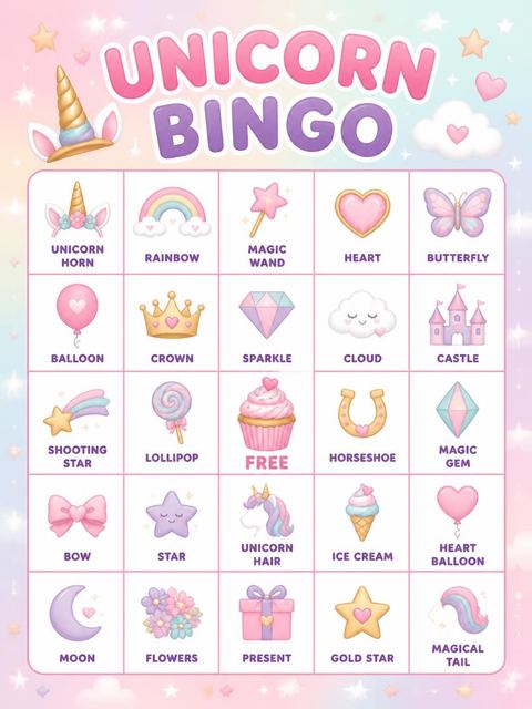 Bingo grid in the Pastel Unicorn Cupcake 5th Birthday design
