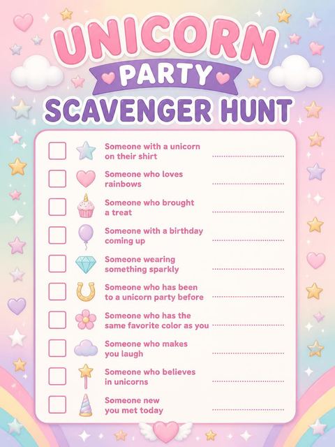 Scavenger hunt in the Pastel Unicorn Cupcake 5th Birthday design