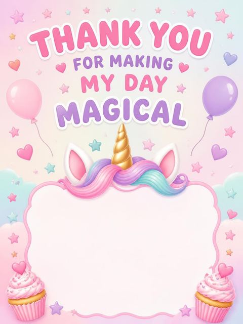 Thank-you flat in the Pastel Unicorn Cupcake 5th Birthday design