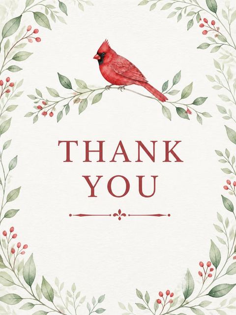 Thank-you flat in the Watercolor Cardinal Botanical 3rd Birthday design