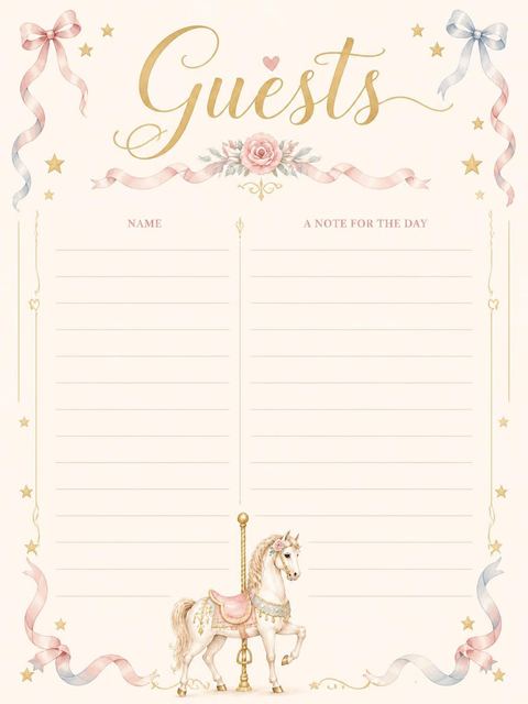 Guest sign-in sheet in the Pastel Watercolor Carousel 1st Birthday design