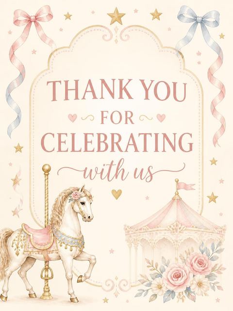 Thank-you flat in the Pastel Watercolor Carousel 1st Birthday design