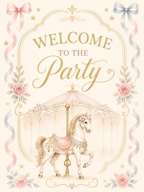 Welcome sign in the Pastel Watercolor Carousel 1st Birthday design