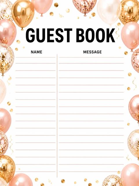 Guest sign-in sheet in the Gold Rose Balloon 90th Birthday design