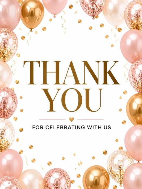 Thank-you flat in the Gold Rose Balloon 90th Birthday design