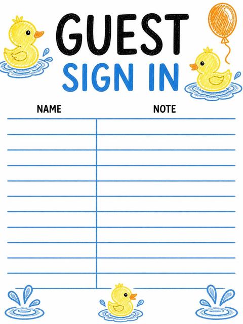 Guest sign-in sheet in the Crayon Rubber Duck 3rd Birthday design
