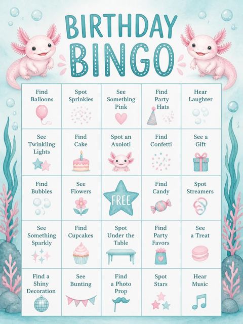 Bingo grid in the Watercolor Axolotl 4th Birthday Invitation design