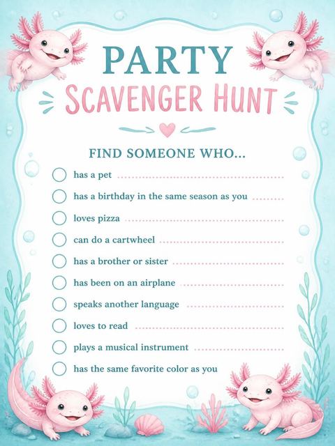 Scavenger hunt in the Watercolor Axolotl 4th Birthday Invitation design