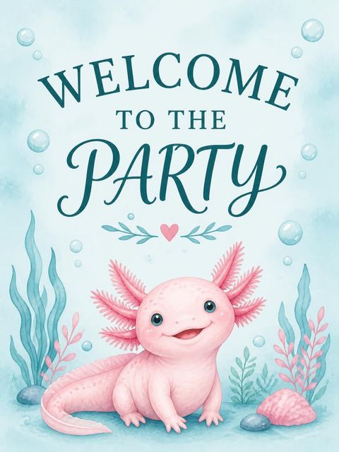 Welcome sign in the Watercolor Axolotl 4th Birthday Invitation design