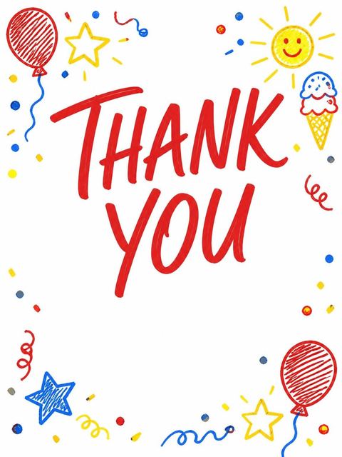 Thank-you flat in the Crayon Scribble Primary 6th Birthday Invitation design