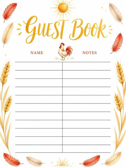 Guest sign-in sheet in the Watercolor Rooster Farm 1st Birthday design