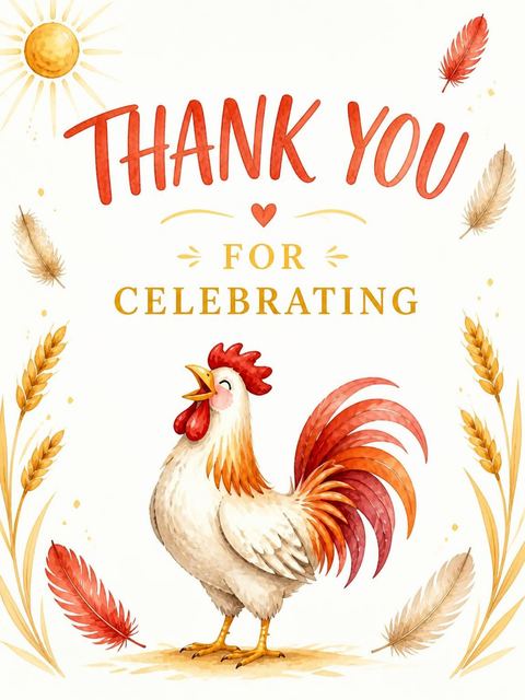 Thank-you flat in the Watercolor Rooster Farm 1st Birthday design