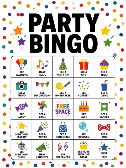 Bingo grid in the Rainbow Confetti Border 1st Birthday design
