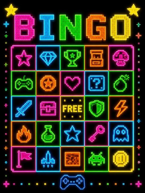 Bingo grid in the Neon Pixel Arcade 6th Birthday Invitation design
