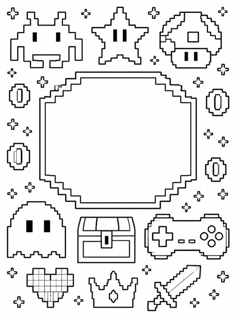 Coloring sheet in the Neon Pixel Arcade 6th Birthday Invitation design