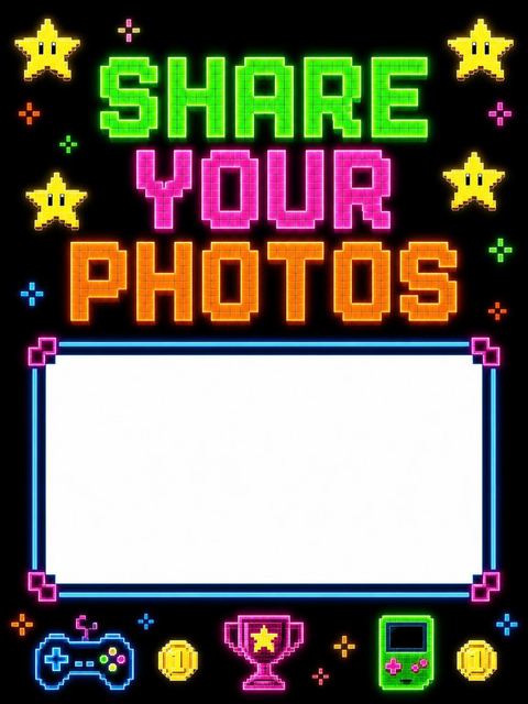 Hashtag card in the Neon Pixel Arcade 6th Birthday Invitation design