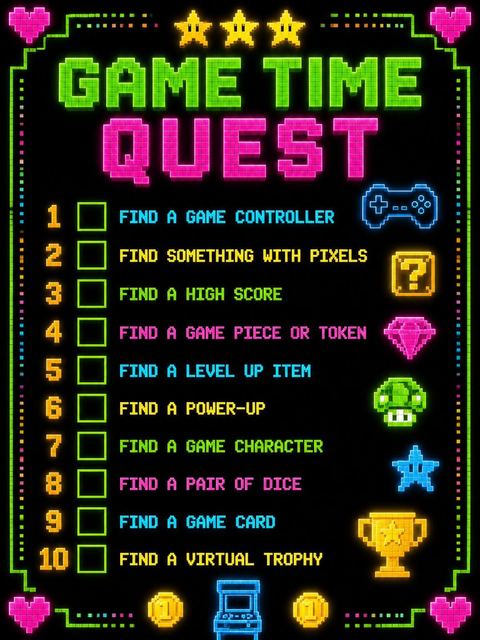 Scavenger hunt in the Neon Pixel Arcade 6th Birthday Invitation design