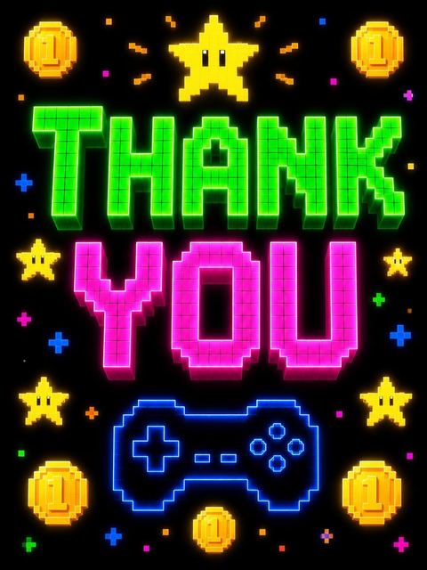 Thank-you flat in the Neon Pixel Arcade 6th Birthday Invitation design