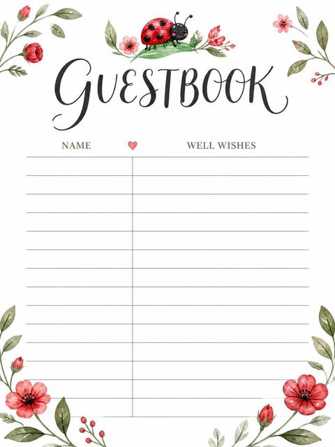Guest sign-in sheet in the Watercolor Ladybug Floral First Birthday design