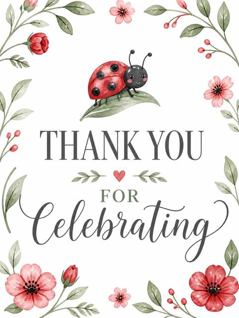 Thank-you flat in the Watercolor Ladybug Floral First Birthday design
