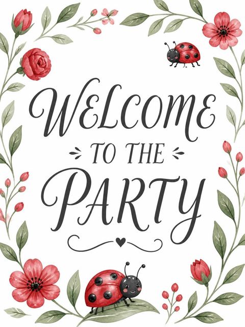 Welcome sign in the Watercolor Ladybug Floral First Birthday design