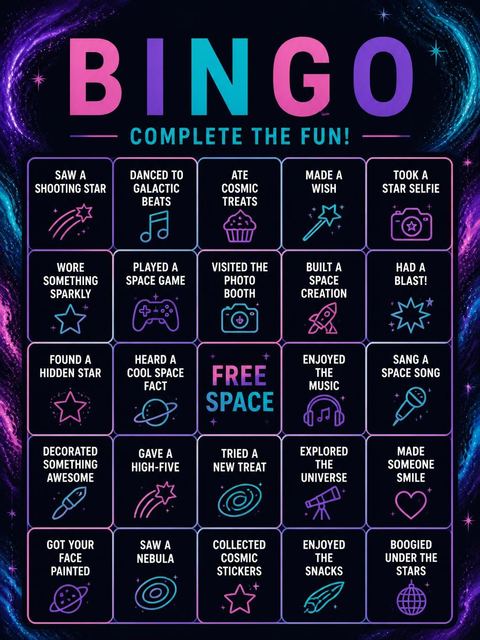 Bingo grid in the Neon Nebula Galaxy 8th Birthday design