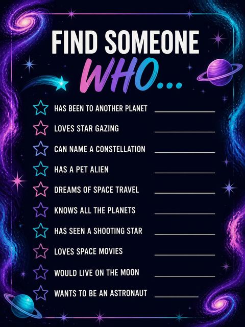 Scavenger hunt in the Neon Nebula Galaxy 8th Birthday design