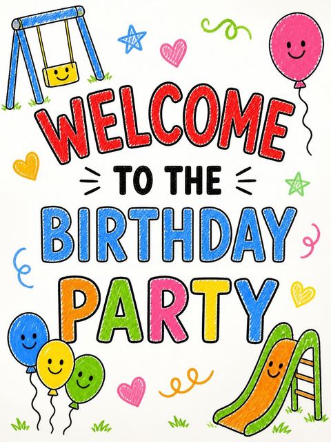 Welcome sign in the Crayon Playground 10th Birthday design