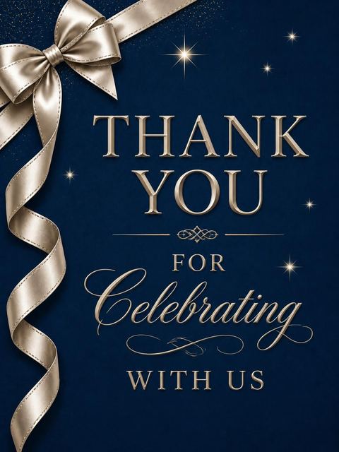 Thank-you flat in the Navy Champagne Ribbon 45th Birthday design