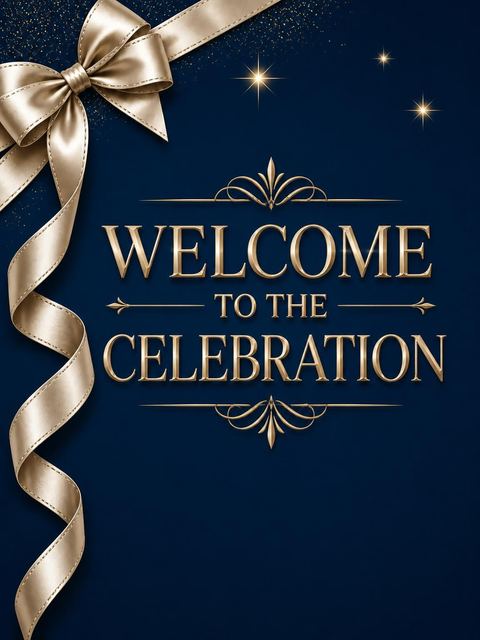 Welcome sign in the Navy Champagne Ribbon 45th Birthday design