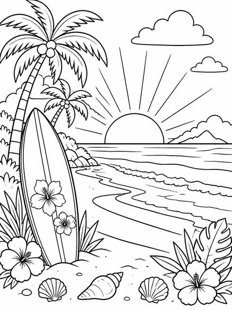 Coloring sheet in the Tropical Sunset Surfboard Beach 7th Birthday design