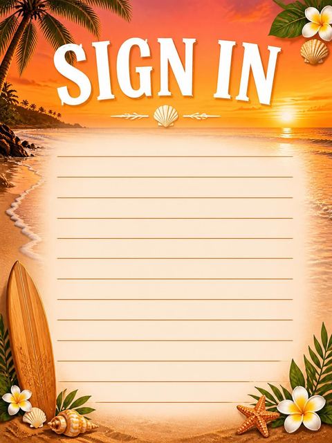 Guest sign-in sheet in the Tropical Sunset Surfboard Beach 7th Birthday design