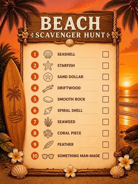 Scavenger hunt in the Tropical Sunset Surfboard Beach 7th Birthday design