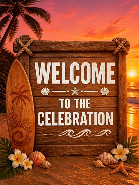Welcome sign in the Tropical Sunset Surfboard Beach 7th Birthday design