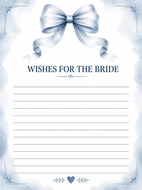 Wishes page in the Soft Blue Watercolor Bow Bridal Shower design