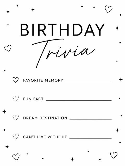 Couples trivia card in the Minimalist Black and White Sweet Sixteen design
