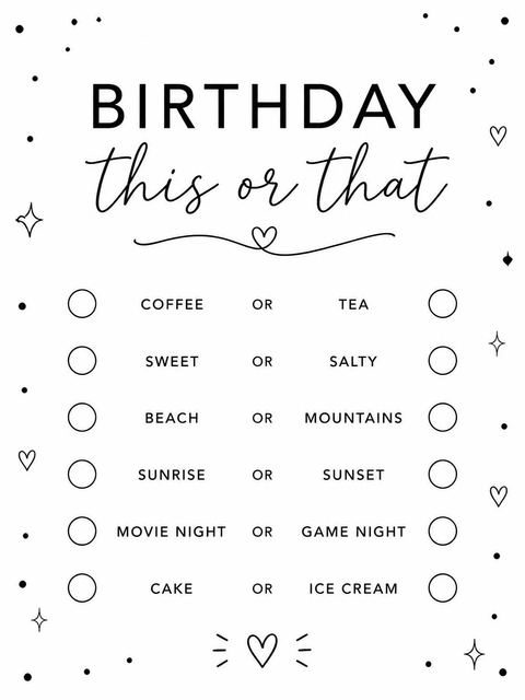This-or-that card in the Minimalist Black and White Sweet Sixteen design