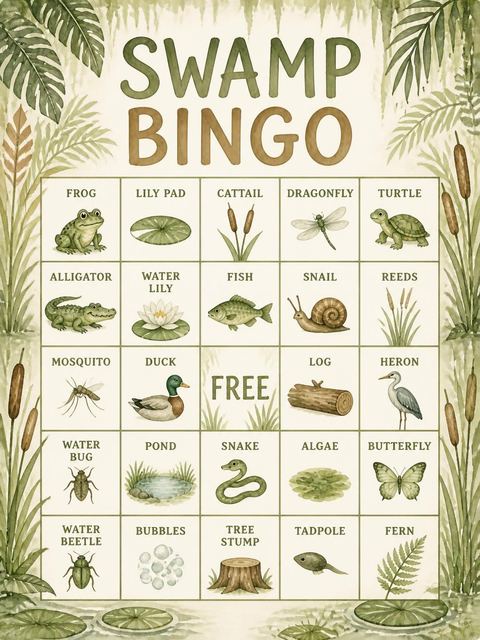 Bingo grid in the Watercolor Crocodile Marsh 5th Birthday design