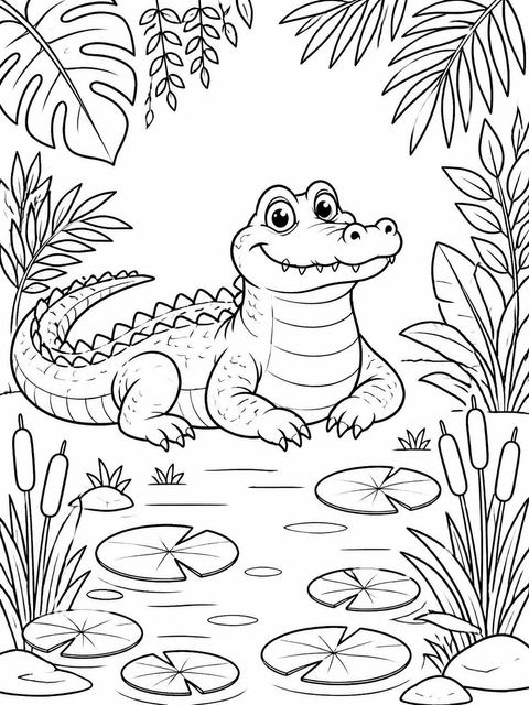 Coloring sheet in the Watercolor Crocodile Marsh 5th Birthday design
