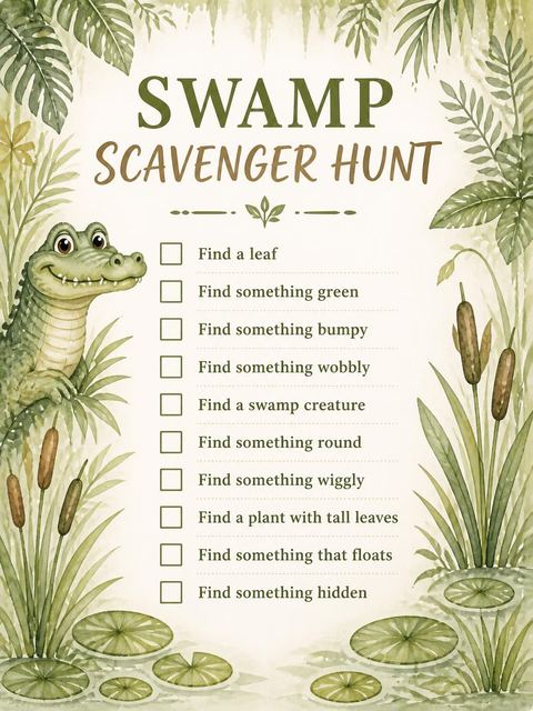 Scavenger hunt in the Watercolor Crocodile Marsh 5th Birthday design