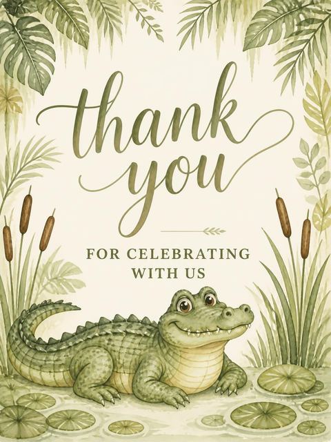 Thank-you flat in the Watercolor Crocodile Marsh 5th Birthday design