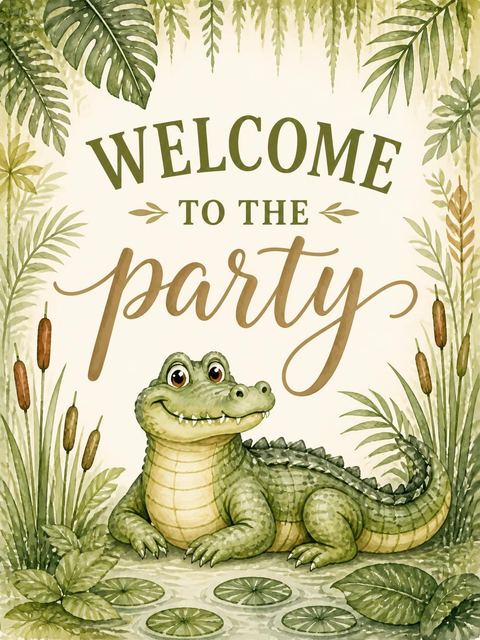 Welcome sign in the Watercolor Crocodile Marsh 5th Birthday design