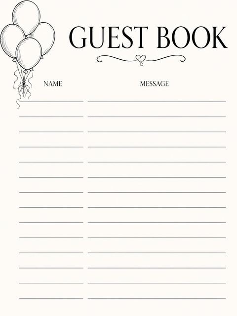 Guest sign-in sheet in the Cream and Black Balloon 65th Birthday design