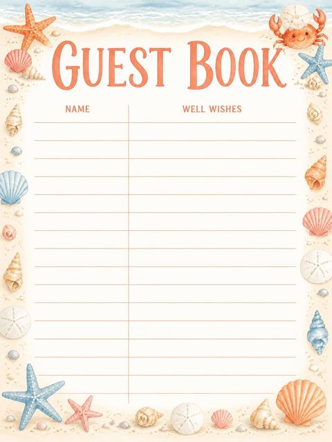 Guest sign-in sheet in the Watercolor Crab Beach 3rd Birthday design