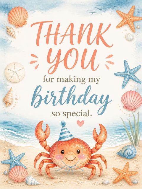 Thank-you flat in the Watercolor Crab Beach 3rd Birthday design