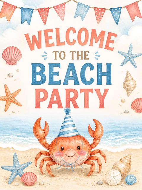 Welcome sign in the Watercolor Crab Beach 3rd Birthday design