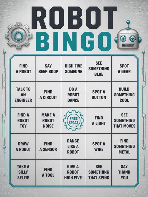 Bingo grid in the Metallic Robot 8th Birthday Invitation design